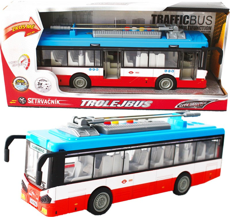 Městský trolejbus na setrvačník s osvětlením a zvukem - červený