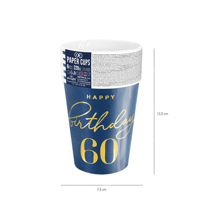 Happy Birthday 60 modré  - Kelímky papírové - 220 ml 6 ks